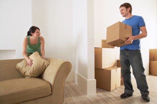 Organised home storage space showing labeled boxes and furniture